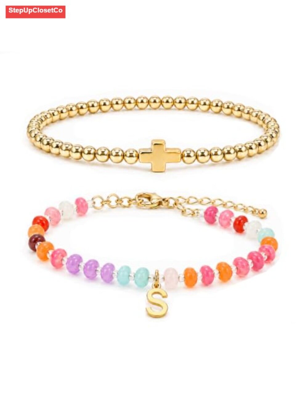 Chunky Beaded Bracelet Set, Gold Cross Bracelet, Initial Charm Jewelry,